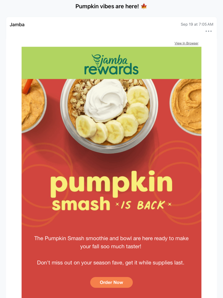 An email from Jamba Juice showing their new fall products are back.