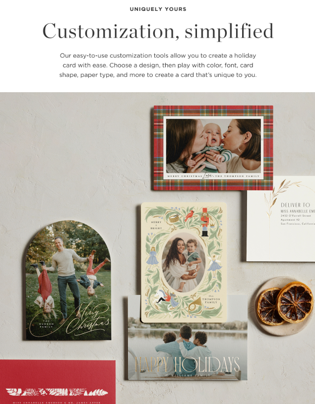 Email from Minted showing the unique benefits of ordering cards from them.